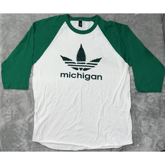 Tultex Vintage 80s Adult L Cotton 3/4 Sleeve Michigan Marijuana Leaf Graphic Tee